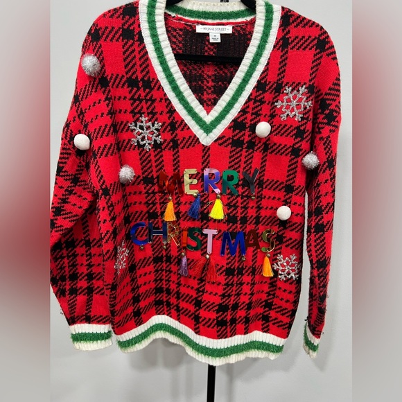 Sweaters - Merry Christmas 3-D Spell Out Embellished Plaid Holiday UGLY Sweater Bling